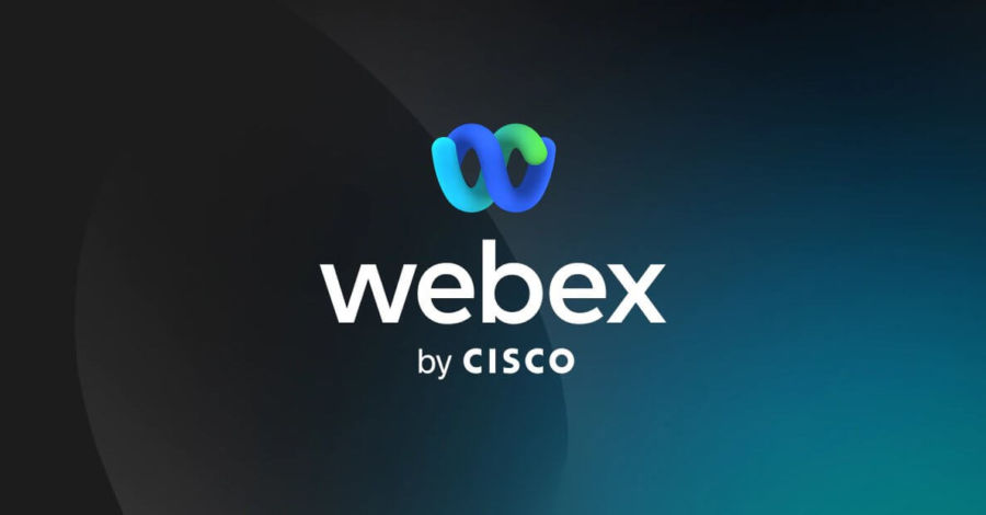 Imagem com tons de cinza e azul ao fundo e o logo do Webex a frente. O logo possui uma forma simbolizando a letra W nas cores azul e verde com o nome na cor branca logo abaixo