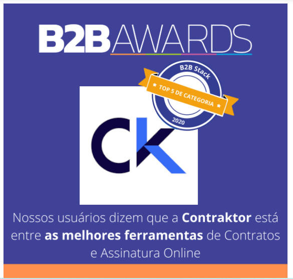 Logo da Contraktor com o selo de vencedora do B2BAwards, com fundo roxo azulado