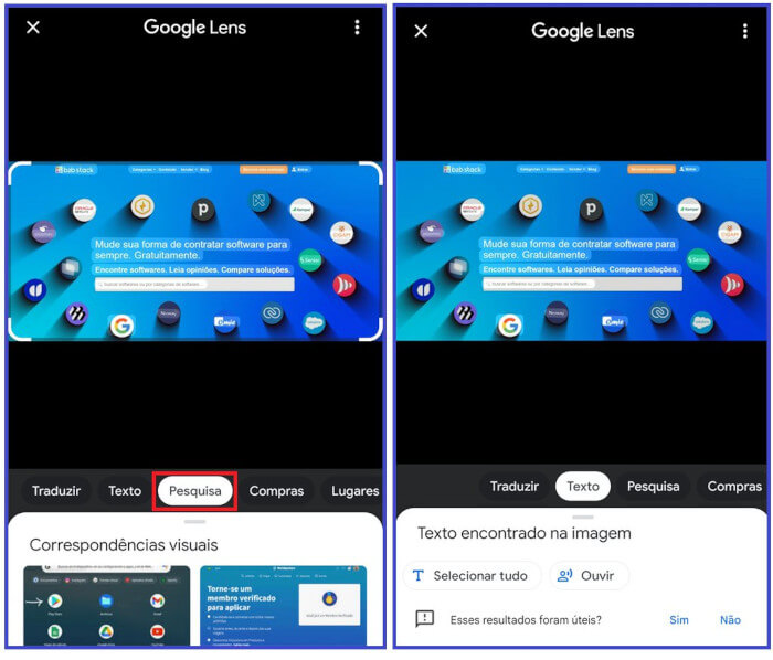 Imagem com duas telas do Google lens mostrando como encontrar textos de páginas na internet