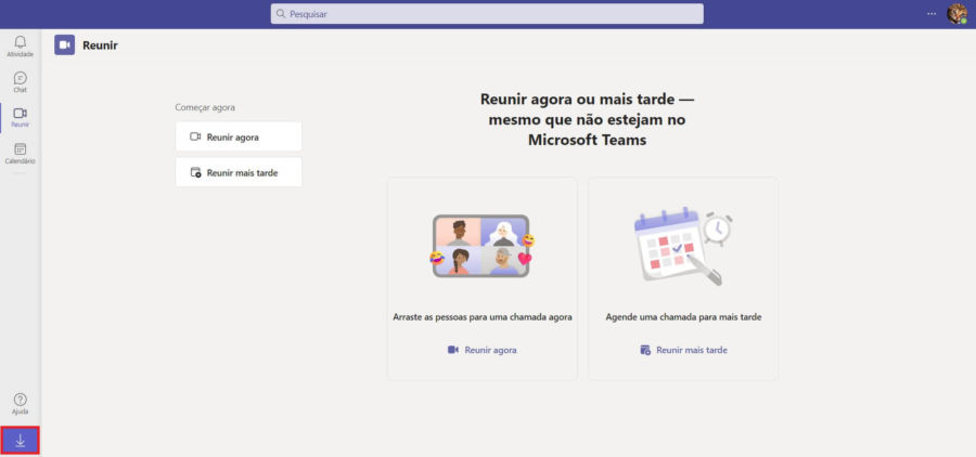 Imagem do painel inicial do Microsoft Teams