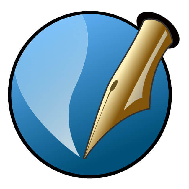 Logo do Scribus, concorrente do InDesign da adobe. O logo é um circulo azul com a ponta de uma caneta desenhada 