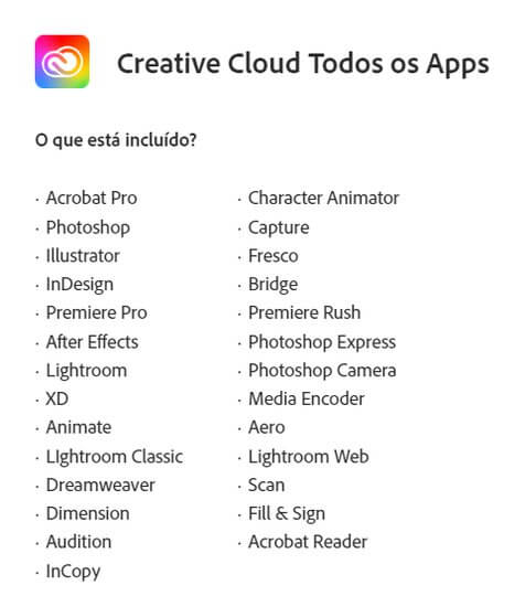 Imagem com o logo do Adobe Creative Cloud  acima e duas listas com todos os apps que constituem a solução