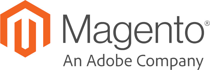 Logo da empresa Magento. O logo possui um desenho a esquerda do nome que tem uma letra 'M' em meio a suas formas. O desenho possui a cor laranja como predominante
