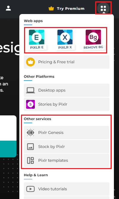 Imagem com um menu onde o usuário pode  escolher entre opções para acesso dos produtos do Pixlr