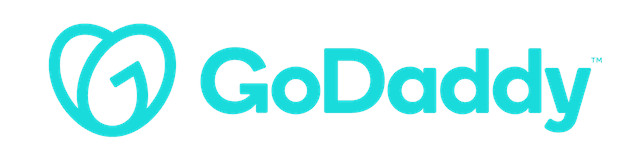 Logo da empresa GoDaddy. o logo possui a cor azul piscina e ao lado esquerdo do nome a um desenho que forma um coração e possui uma letra 'G' ao centro