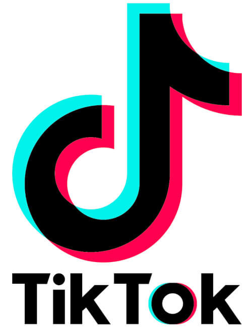 Logo do Tiktiok. O logo possui uma desenho que representa uma nota musical e possui as cores preto, azul e rosa