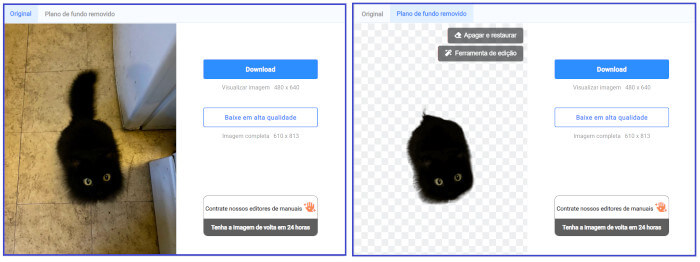 Imagem com duas telas. A da esquerda mostra a foto de um gato preto parecendo uma bolinha de pelos e a da direita mostra o mesmo gatinho só que sem o fundo de onde ele se encontra