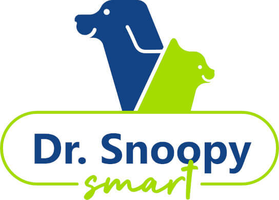 Logo do Dr. Snoopy. O logo possui um desenho que de um cachorro azul olhando para esquerda e um  gato verde olhando para direita