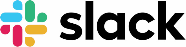 Logo do Slack. O nome está escrito com a cor preta e do lado esquerdo do nome a um desenho que forma um flor nas cores azul, verde, vermelho e amarelo