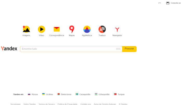 Imagem da página inicial do buscador Yandex. 