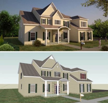 Montagem com duas imagens de casa; A de cima é de uma casa real e a debaixo é da mesma casa só que criada no SketchUp