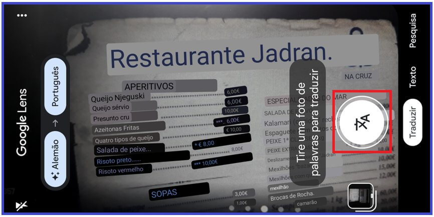 Imagem de um menu traduzido de alemão para português