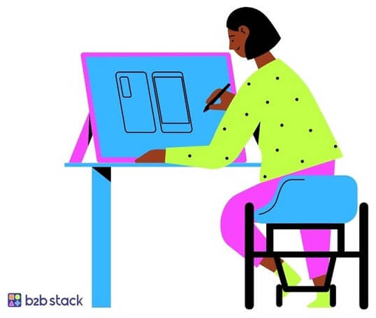 A imagem mostra um desenho de uma mulher esboçando em um quadro um desenho de um aparelho celular. A mulher está com roupas nas cores verde e rosa e os objetos como a lousa e a cadeira possuem a cor azul