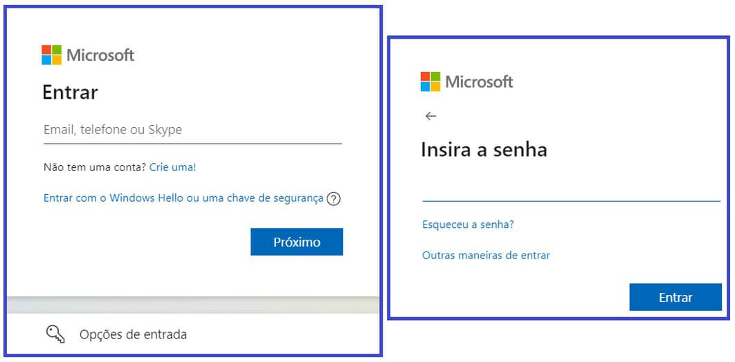 Imagem de dois blocos que aparecem para o usuário digitar o email, telefone ou skype e a senha.