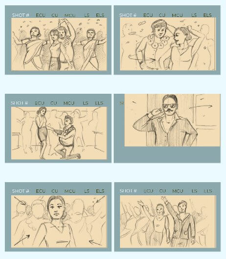 Imagem com seis quadros de storyboard contando uma história de pessoas em uma festa