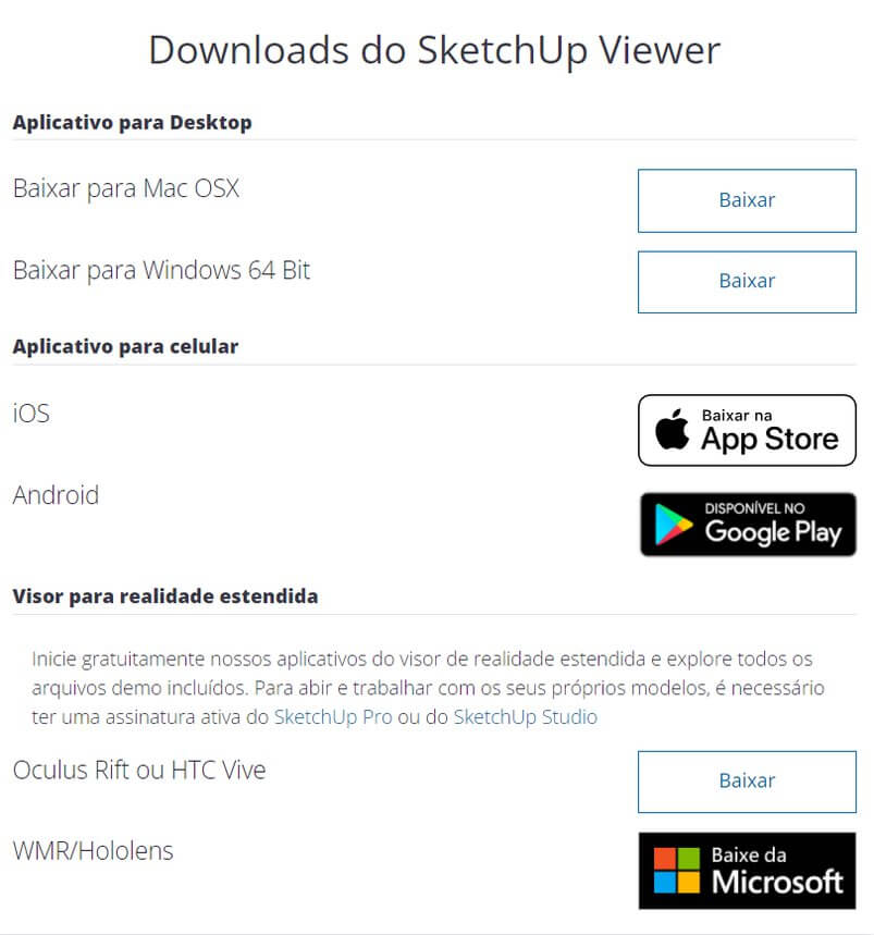 Imagem com opções de dispositivos que o SketchUp funciona. a lista mostra MacOs, Windows, IOS e Android