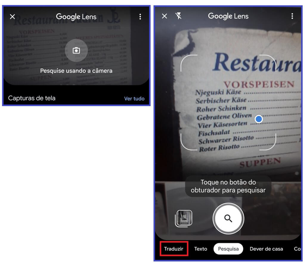 Imagem com montagens de telas do Google lens mostrando o processo de seleção de textos para tradução
