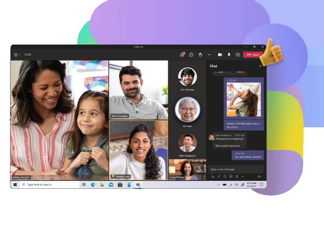 Imagem de uma arte com pessoas felizes dividas por quadrados não simétricos dentro de uma rela do Microsoft Teams