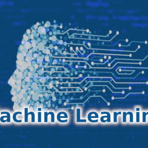 Imagem em tons de azul com o rosto de um robô virado para esquerda e escrito logo abaixo o termo machine learning