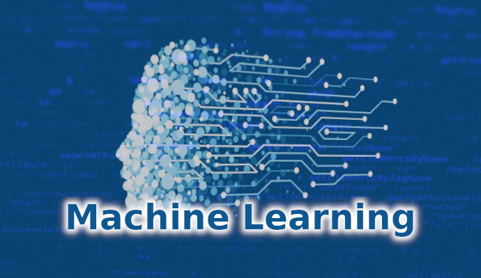 Imagem em tons de azul com o rosto de um robô virado para esquerda e escrito logo abaixo o termo machine learning