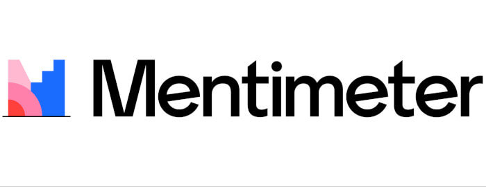 Logo da empresa Mentimeter. O logo possui formas ao lado esquerdo que possuem diversas cores e tamanhos.