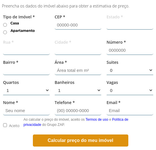 Imagem de um formulário para preenchimento de dados relativos a busca no Zap Imóveis