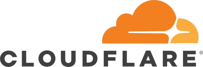 Logo do Cloudflare. O logo possui o nome da solução e uma nuvem de cor laranja acima do nome