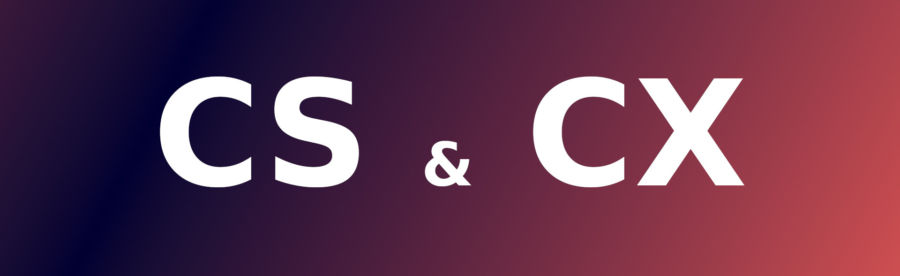 Imagem com fundo e degrade entre azul e rosa com as letras que representação métricas de experiência do cliente a frente. CS e CX