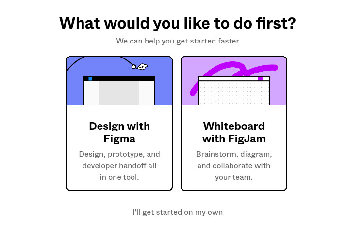 A imagem mostra duas opções para o inicio de criação no Figma