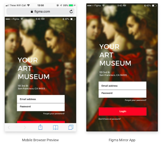 Imagem mostrando o aplicativo FIgma Mirror tanto em Android quanto no IOS