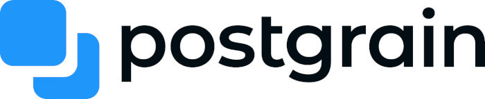 Logo do PostGrain. O logo tem dois quadrados ao lado esquerdo de cor azul