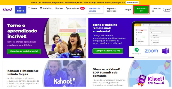 Imagem da página inicial do site do Kahoot!