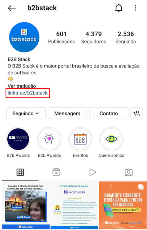 Imagem da página inicial da B2B Stack no Instagram. Existe um foco em um link na bio