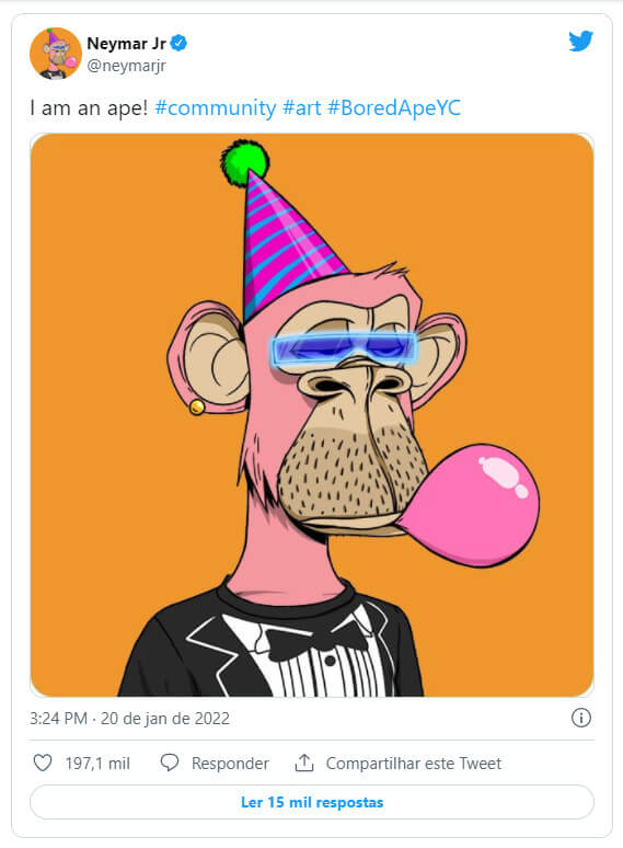 NFT adquirido pelo jogador Neymar. A foto mostra uma macaco de pelagem rosa com um chapéu de aniversário, óculos escuros e mascando um chiclete e fazendo bola.