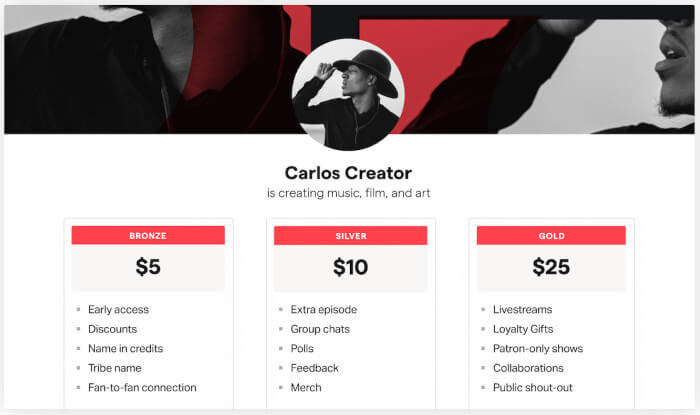 Página do Patreon de um criador de conteúdo chamado Carlos Creator. A página possui um banner com  uma imagem a frente do Carlos e abaixo três blocos com preços e benefícios ao apoiá-lo através do Patreon