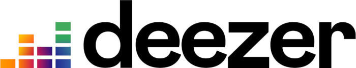 Logo da plataforma Deezer. O logo possui quadrados coloridos ao lado do nome que representam uma faixa de áudio sendo tocada