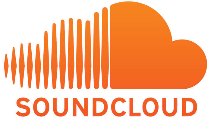 Logo do Soundcloud. O logo possui a cor laranja como predominante. Acima do nome á um desenho de uma nuvem