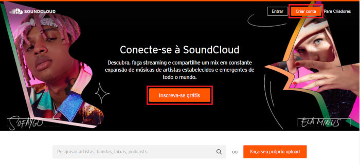 Imagem da página inicial do Site do Soundcloud. a imagem mostra uma arte com fundo escuro e duas pessoas olhando para frente. Ao centro um texto: 'conecte-se à Soundcloud'