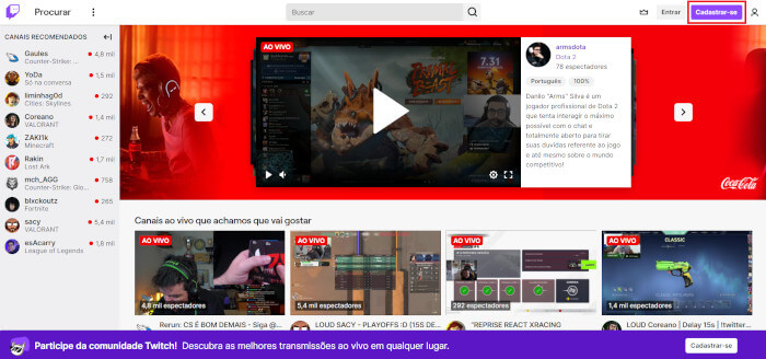 Imagem da Página inicial do Twitch. A página mostra uma menu vertical na esquerda com perfis de usuários online, um vídeo ao meio com diversos blocos de vídeos abaixo