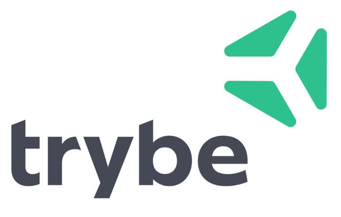 Logo da Trybe com um desenho de cor verde ao lado direito do nome