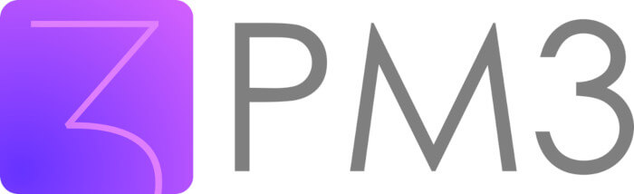 Logo do PM3. O logo possui um quadrado com bordas arredondadas e esquerda do nome com um número três dentro. o quadrado possui um degrade de roxo