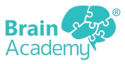 Logo do Brain Academy, plataforma de Edtech. O logo possui o desenho de um cérebro a direita do nome e ambos possuem um tom de verde como cor