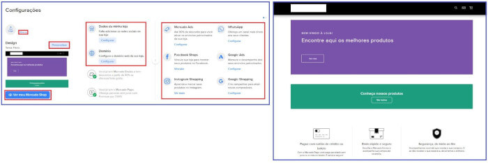 Imagem com duas telas que mostram as opções de Ads que o usuário pode acessar no Mercado Shops