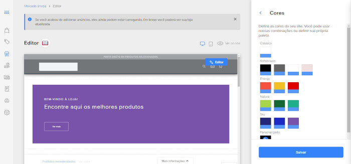 Imagem do editor de estilos onde o usuário pode escolher por paletas de cores pré definidas para criação de sua página no Mercado Shops