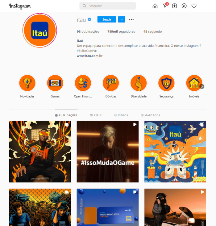 Página inicial do Itau / SEO para Instagram