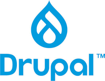 Logo da Drupal. O logo possui um desenho de uma gota e tanto a gota quanto o nome tem a cor Azul. Drupal é concorrente do WordPress