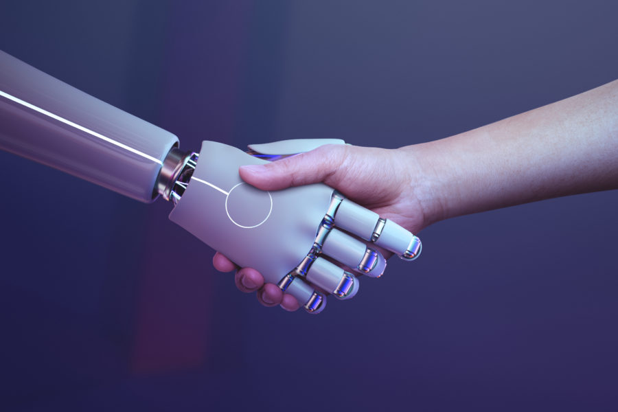 Fundo humano do aperto de mão do robô, era digital futurista, chatbot e IA no atendimento ao cliente