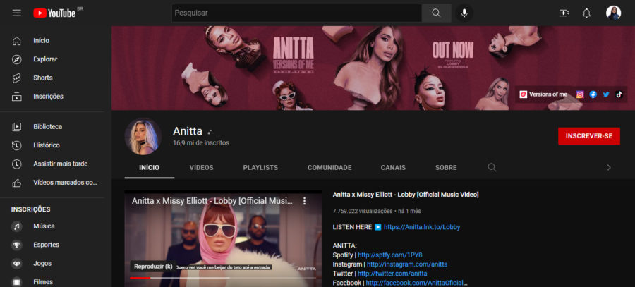 Imagem do canal do Youtube da Anitta