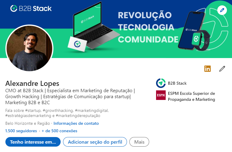 LinkedIn de exemplo do Alexandre Lopes 