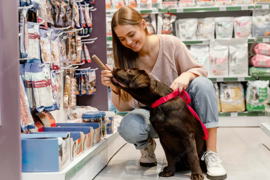 Cão com dona em pet-shop